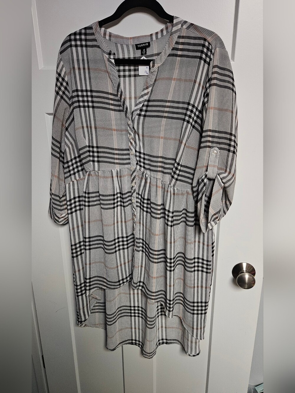 torrid Black & Cream Plaid Peasant Tunic with Subtle Tan Stripes - Picture 2 of 4